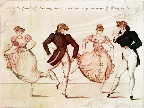 Illustration of characters from Jane Austens novels celebrating.