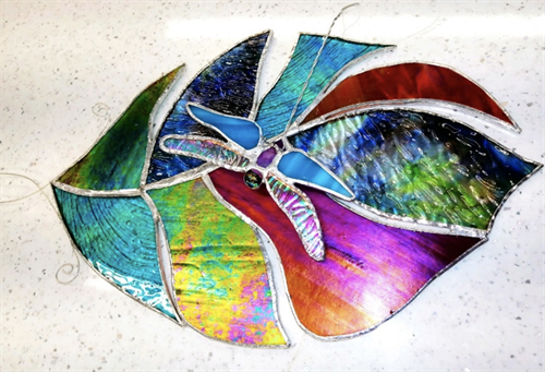 Stained Glass Dragonfly on Leaf